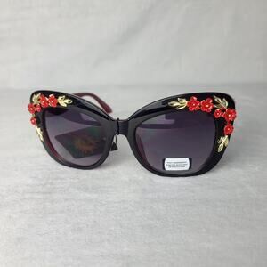 Statement Floral Embellished Cat-Eye Sunglasses Black Frame Red Gold Accents